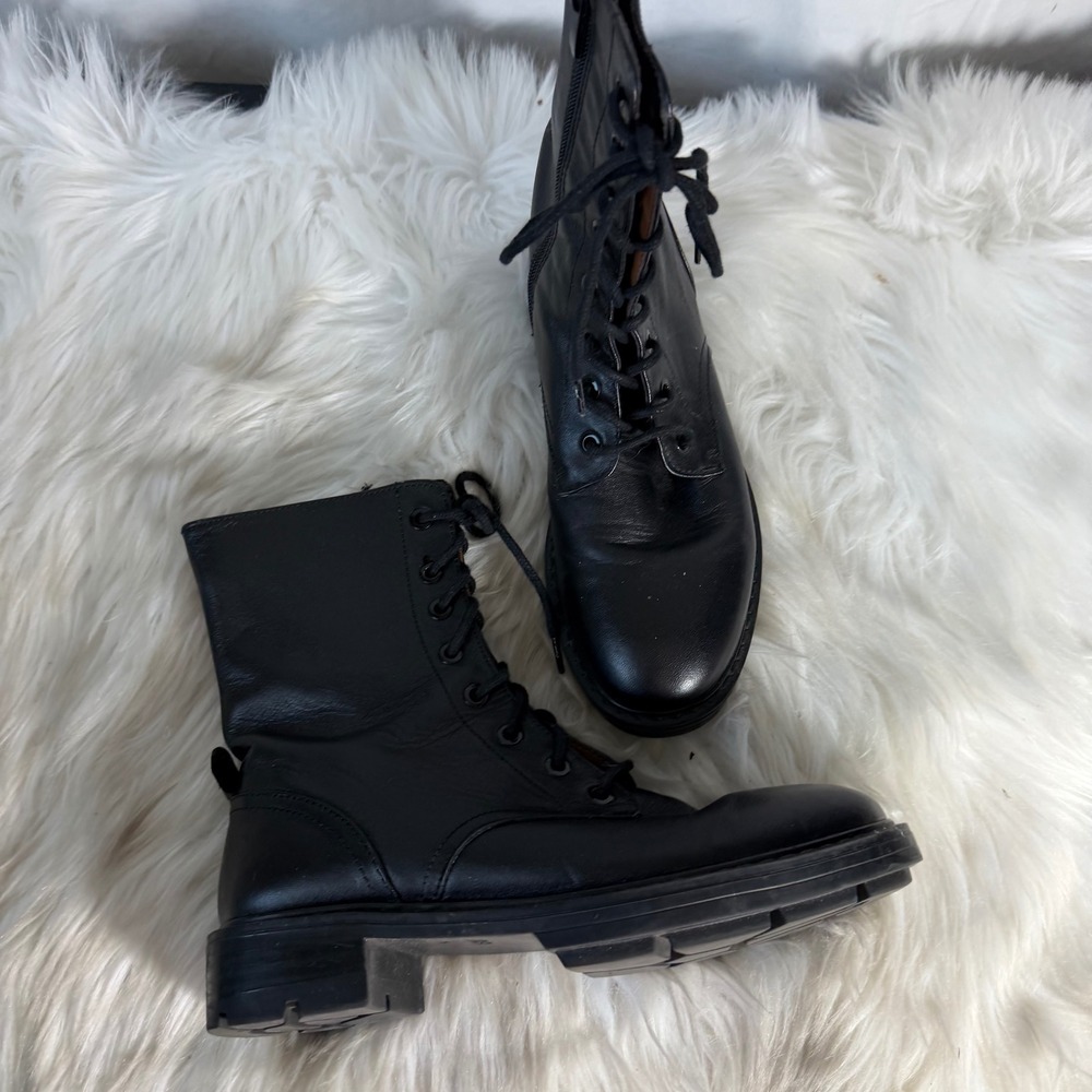 Zara‎ Black Leather Lace Up Combat Boots Side Zip Lug Sole Ankle Boots 36